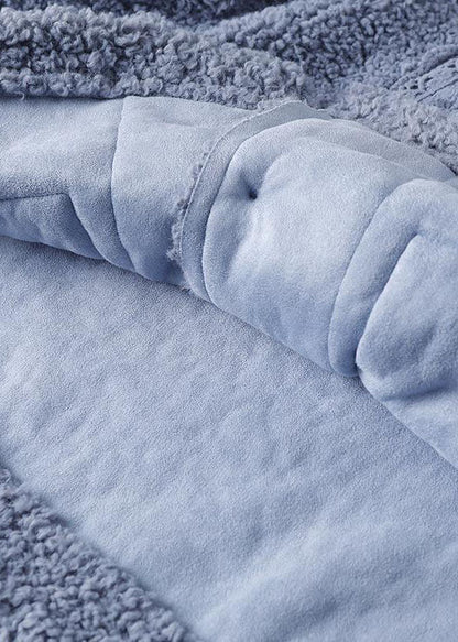 Light Blue O-neck Oversized Lace Patchwork Teddy Faux Fur Coats Winter