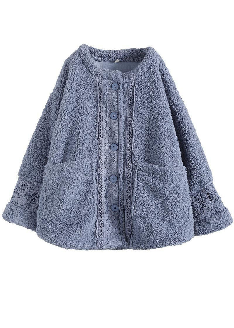 Light Blue O-neck Oversized Lace Patchwork Teddy Faux Fur Coats Winter