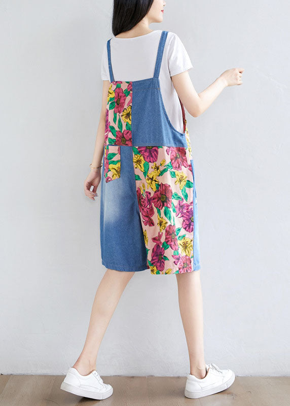 Light Blue Patchwork Print Cotton Overalls Jumpsuit Shorts Summer