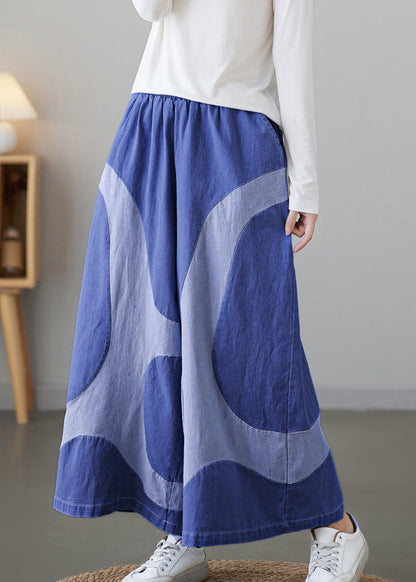 Light Blue Pockets Elastic Waist Denim Wide Leg Pants Fall