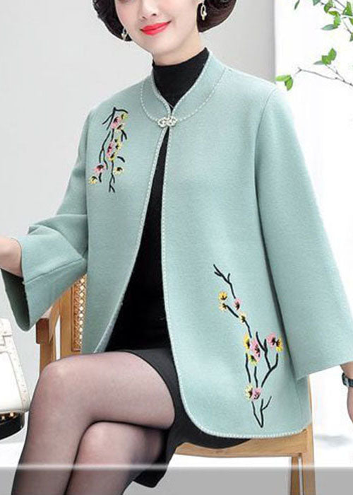 Light Blue Stand Collar Embroideried Woolen Cardigans Long Sleeve