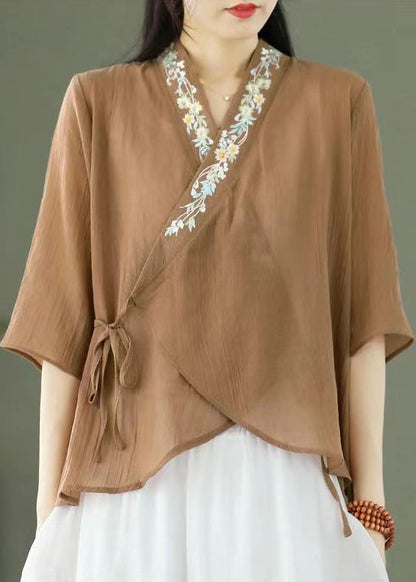 Light Coffee Embroideried Lace Up Patchwork Cotton Top Half Sleeve