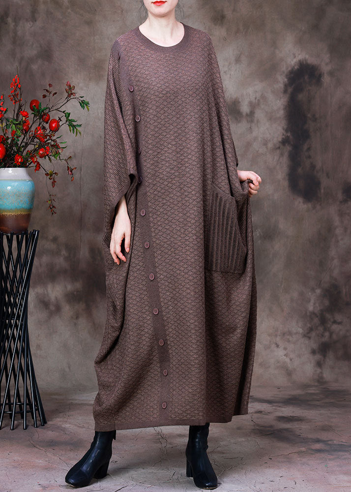 Light Chocolate O-neck Button Pockets Cashmere Maxi Dress Long Sleeve