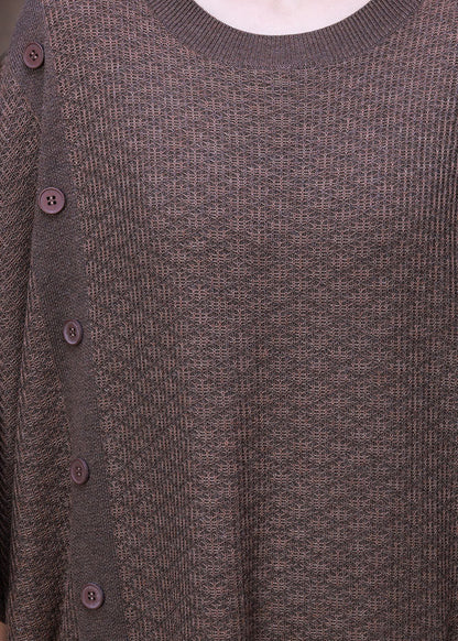 Light Chocolate O-neck Button Pockets Cashmere Maxi Dress Long Sleeve