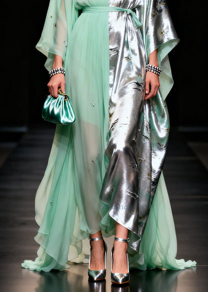 Light Green Asymmetrical Patchwork Jacquard Chiffon Party Dress Summer