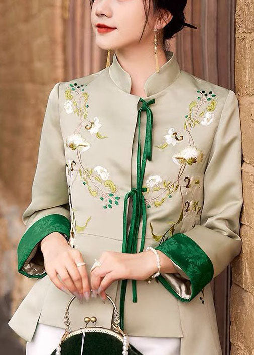 Light Green Embroideried Lace Up Silk Coat Spring