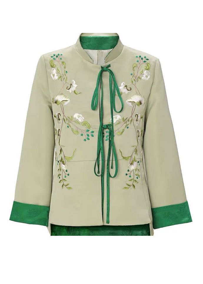 Light Green Embroideried Lace Up Silk Coat Spring