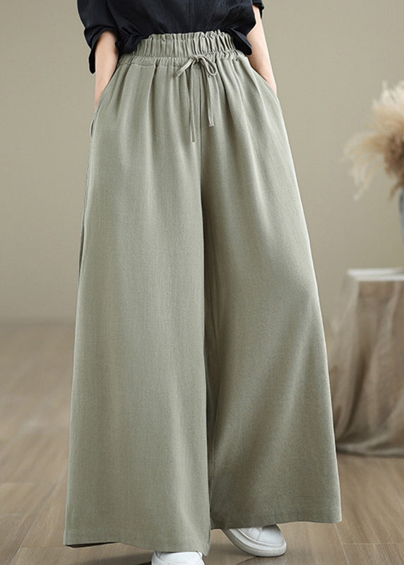 Light Green Pockets Elastic Waist Cotton Pants Fall