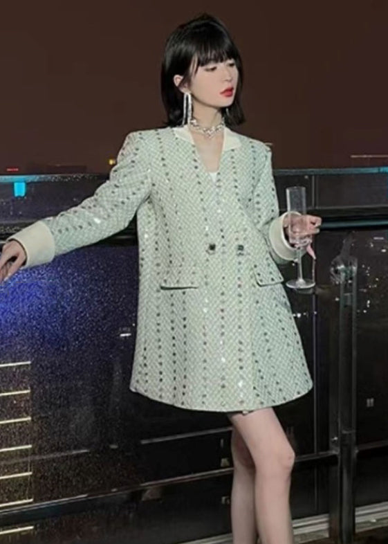 Light Green V Neck Button Cotton Coat Long Sleeve