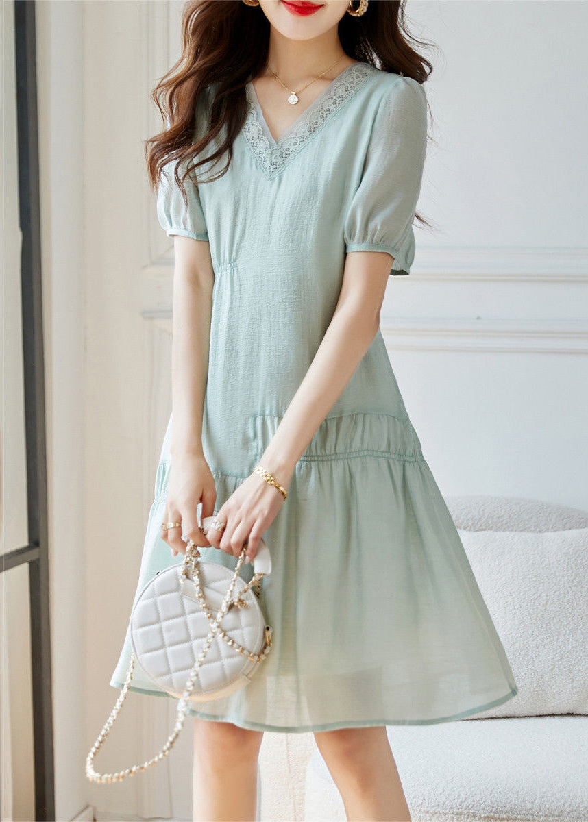 Light Green Wrinkled Patchwork Cotton Dresses Summer