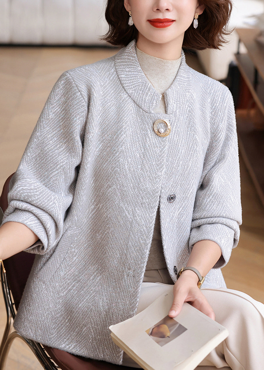 Light Grey O-neck Striped Knit Cardigan Spring