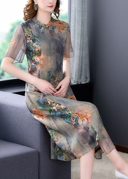 Light Grey Stand Collar Tie Dye Print Slim Fit Silk Dress Summer