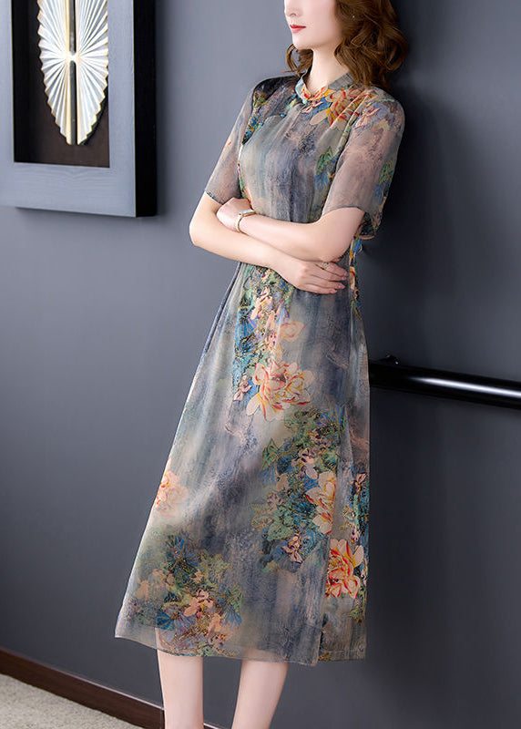 Light Grey Stand Collar Tie Dye Print Slim Fit Silk Dress Summer