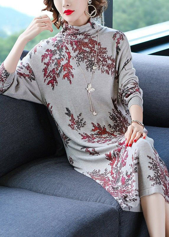 Light Grey Turtle Neck Oversized Print Knit Sweater Dress Winter