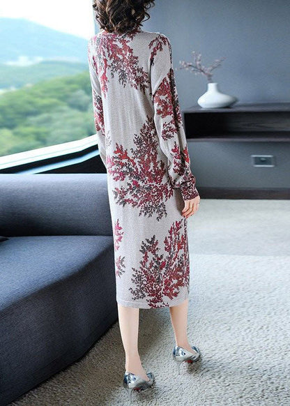 Light Grey Turtle Neck Oversized Print Knit Sweater Dress Winter