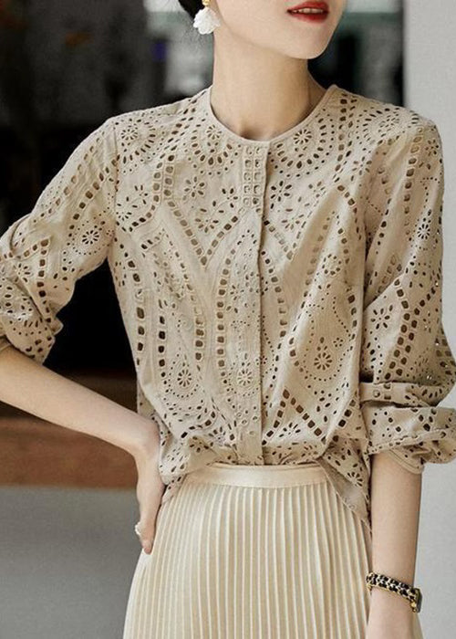 Light Khaki O Neck Hollow Out Cotton Blouses Long Sleeve
