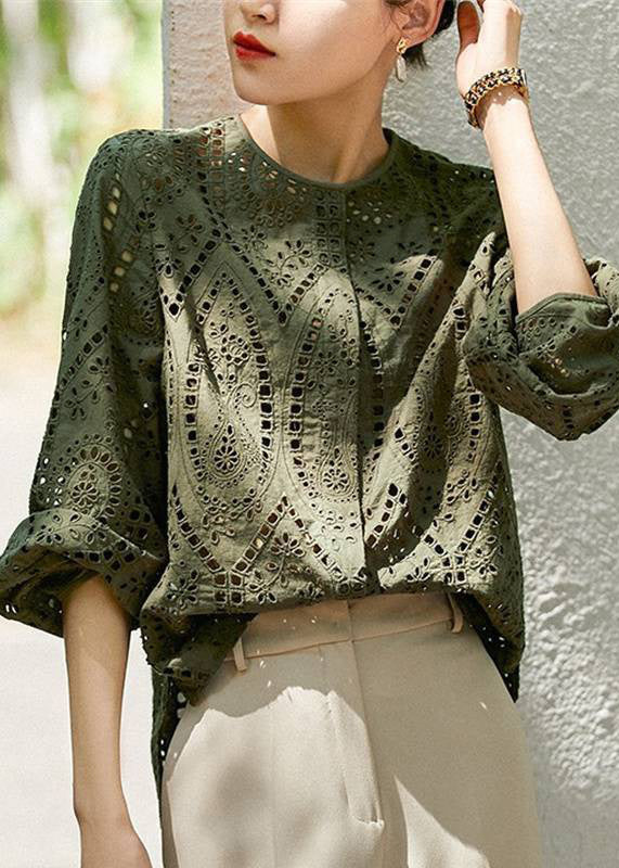 Light Khaki O Neck Hollow Out Cotton Blouses Long Sleeve