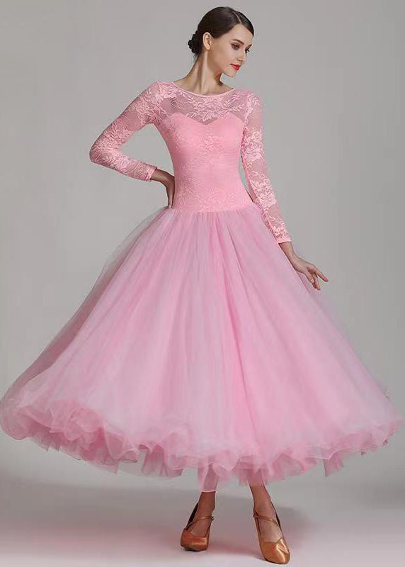 Light Lake Blue O-neck Lace Patchwork Dance Dress Long Sleeve
