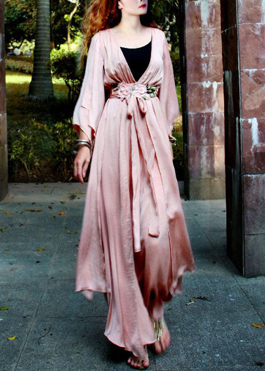 Light Pink V Neck Asymmetrical Exra Large Hem Silk Beach Cinch Dress Spring