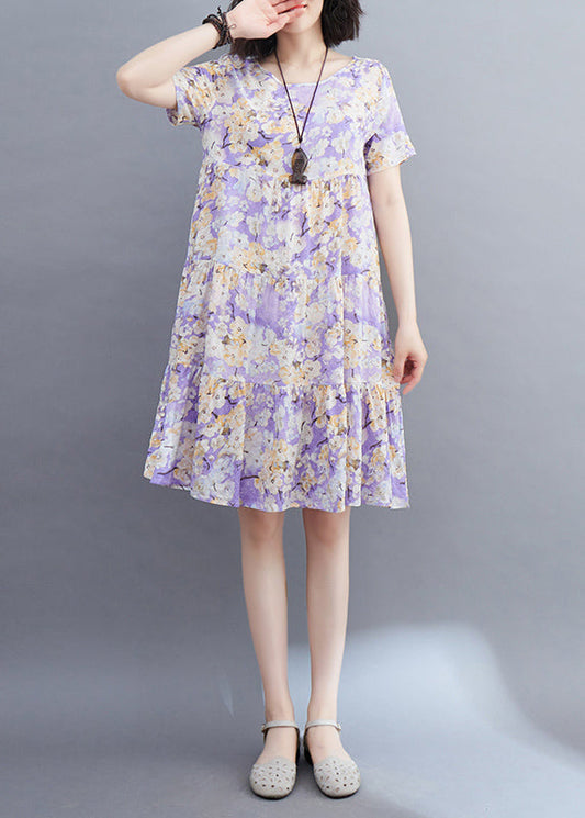 Light Purple Patchwork Print Mid Dresses Short Sleeveomen Light Purple Patchwork Print Mid Dresses Short Sleeve