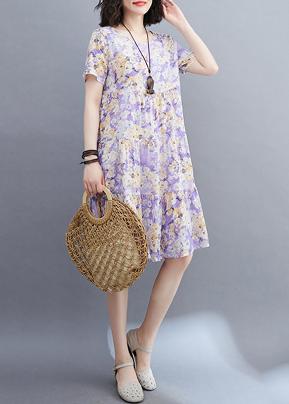 Light Purple Patchwork Print Mid Dresses Short Sleeveomen Light Purple Patchwork Print Mid Dresses Short Sleeve