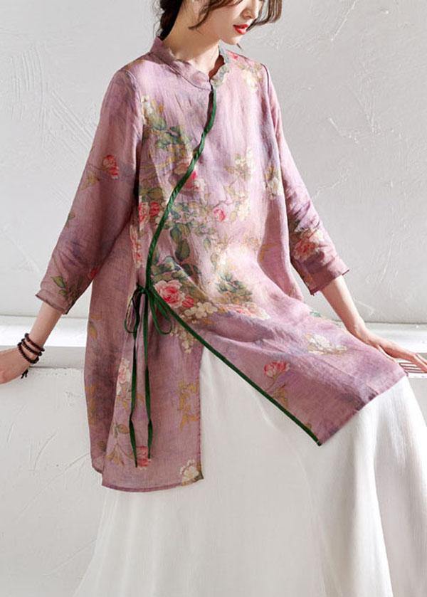 Light Purple Print Tie Waist Asymmetrical Design Spring Summer Ramie Shirt