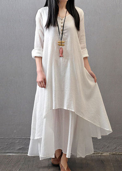 Long Sleeve Double Layers Button Asymmetric Maxi Dress
