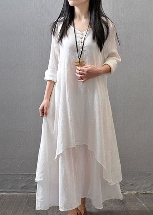 Long Sleeve Double Layers Button Asymmetric Green Text Maxi Dress