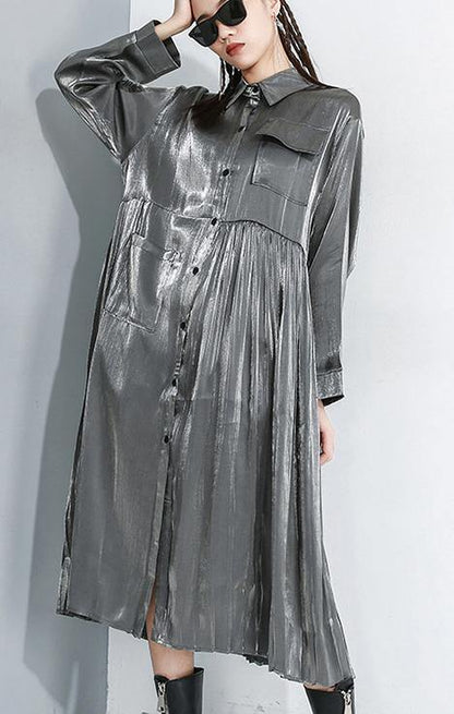 Long Sleeve Lapel Collar Loose Oversize Midi Dresses