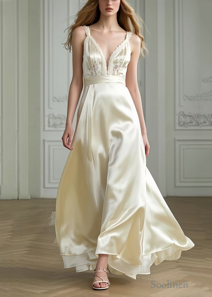 Milk White Exra Large Hem Draping Silk Party Dresses Summer