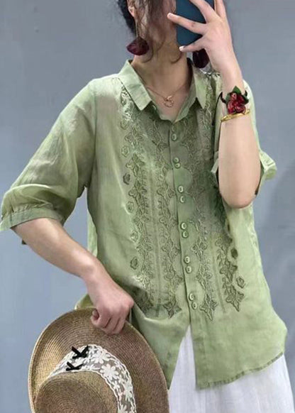 Mulberry Embroideried Slim Fit Linen Shirt Tops Half Sleeve