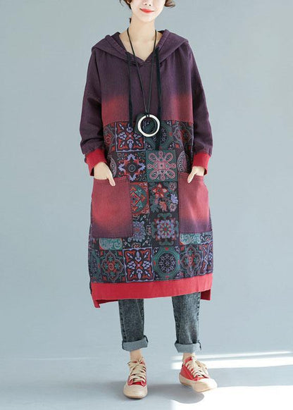 Mulberry Hooded Pockets Patchwork Print Fall Sweatshirts Dress