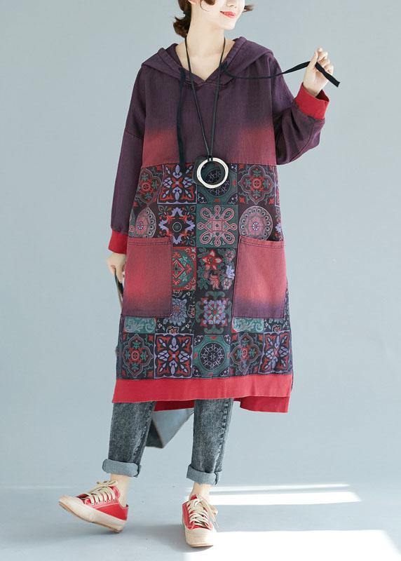 Mulberry Hooded Pockets Patchwork Print Fall Sweatshirts Dress