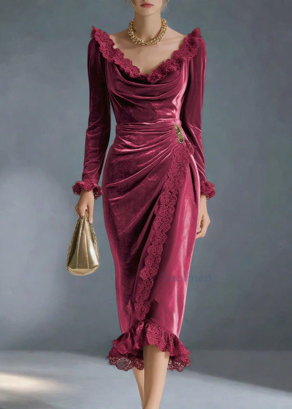 Mulberry V Neck Lace Patchwork Silk Velvet Party Dress Spring