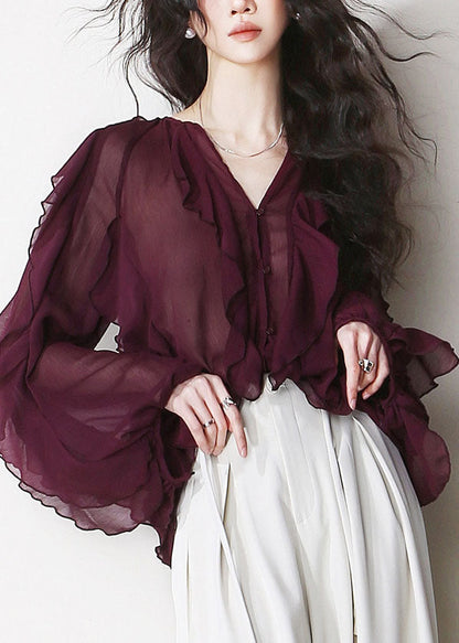 Women Mulberry V Neck Ruffled Patchwork Chiffon Blouses Summer