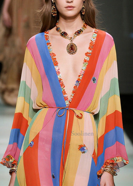 Multicolored Striped Asymmetrical Ruffled Chiffon Holiday Dress Summer