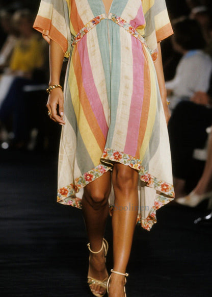 Multicolored V Neck Patchwork Cotton Mid Dress Summer