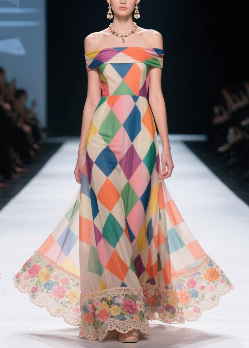Multicolour Plaid Patchwork Lace Chiffon Strapless Dresses Summer