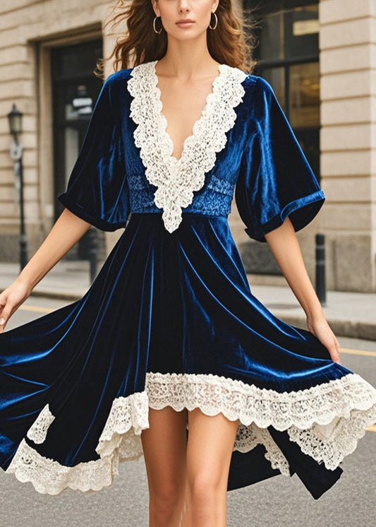 Navy Asymmetrical Patchwork Silk Velvet Dresses Summer