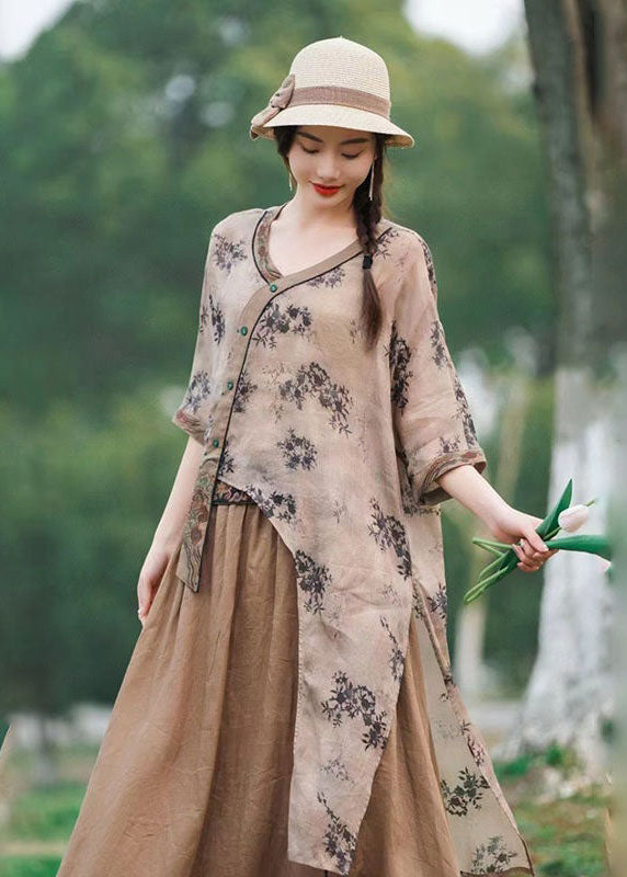 Navy Asymmetrical Print Patchwork Linen Tops Summer