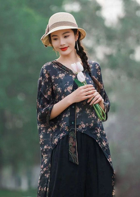 Navy Asymmetrical Print Patchwork Linen Tops Summer