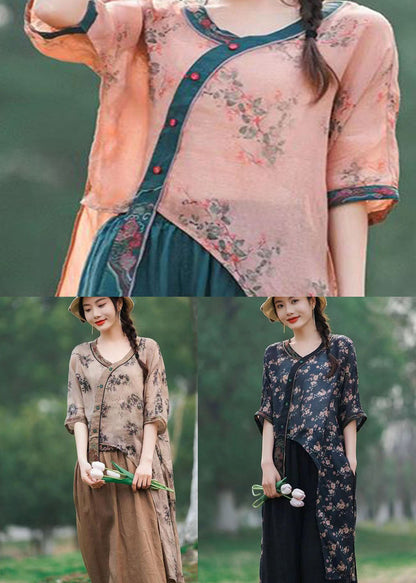 Navy Asymmetrical Print Patchwork Linen Tops Summer