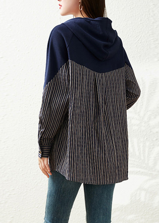 Navy Blue Patchwork Drawstring Cotton Hooded Tops Long Sleeve