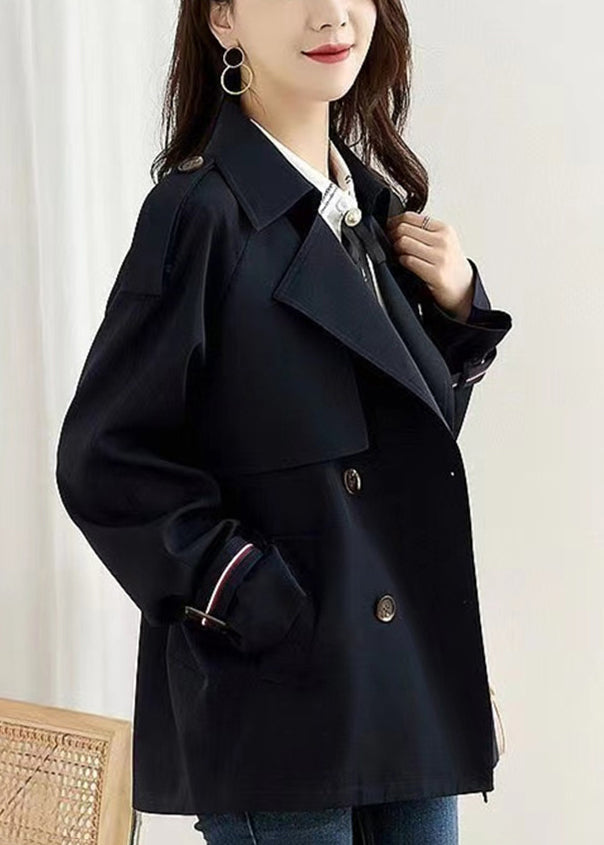 Navy Double Breast Pockets Patchwork Cotton Coats Fall