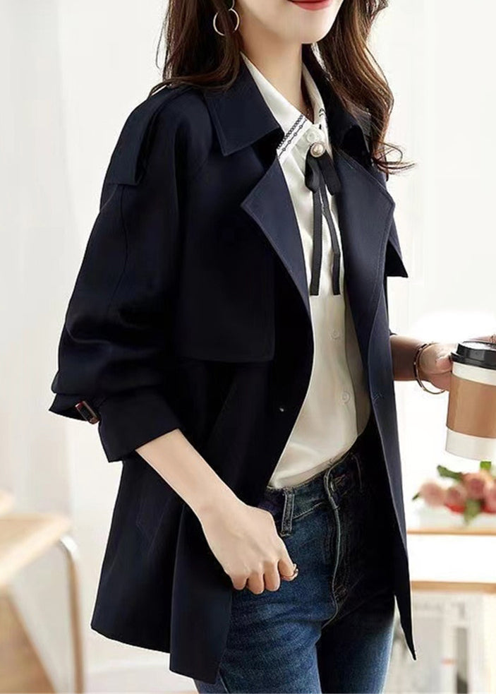 Navy Double Breast Pockets Patchwork Cotton Coats Fall