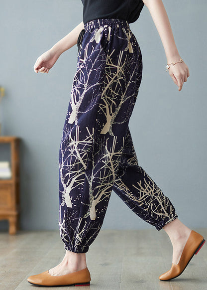 Navy Elastic Waist Print Harem Pants Summer