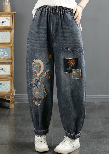 Navy Embroidered Applique Denim Harem Pants Winter