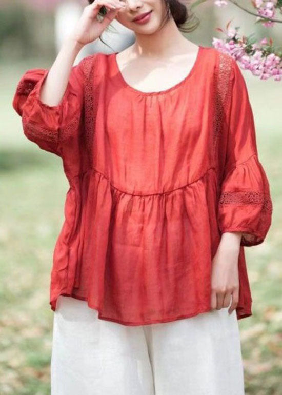 Navy Hollow Out Embroideried Patchwork Linen Tops Summer