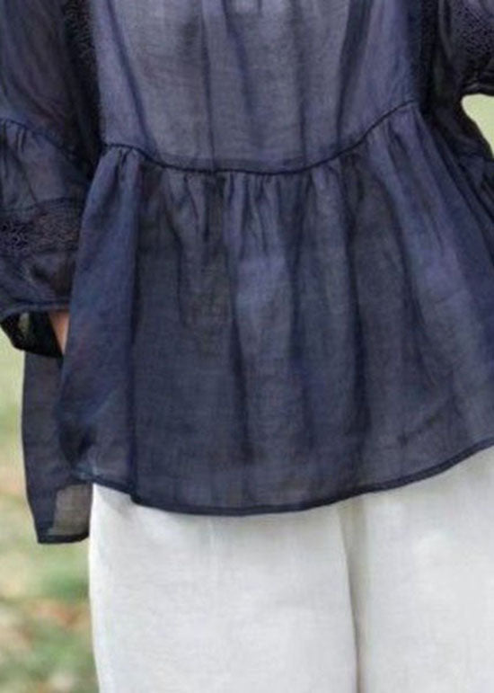 Navy Hollow Out Embroideried Patchwork Linen Tops Summer