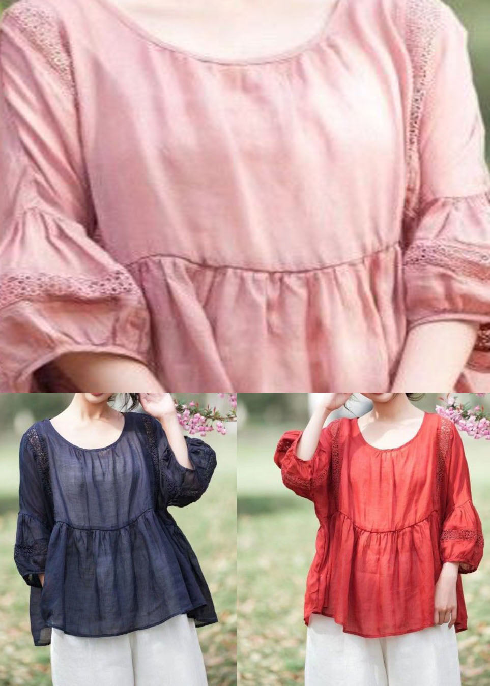 Navy Hollow Out Embroideried Patchwork Linen Tops Summer